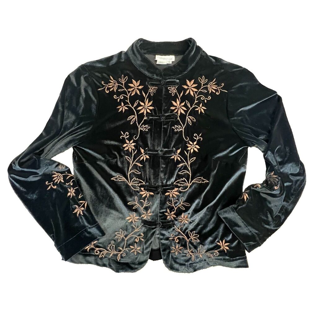 Coldwater Creek Velvet Jacket Sz S Black Embroidered Asian Style Nehru collar